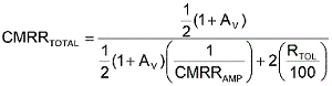方程式1是從理想運(yùn)算放大器的CMRR等式中匯出，其中CMRRAMP被假定為非常大(無窮大)。