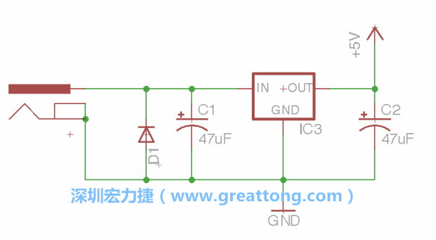 新增RBBB→Power_Jack，將它放在電壓調(diào)整器的輸入端旁邊。