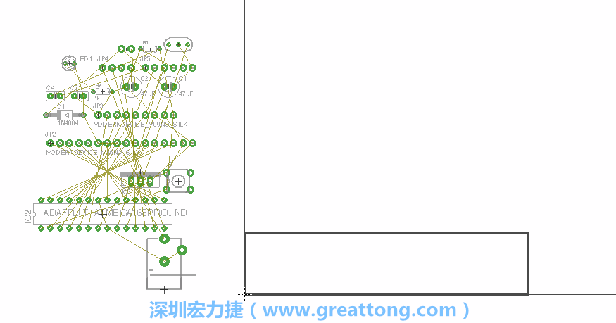 第一次執(zhí)行布線編輯器時(shí)，你會(huì)發(fā)現(xiàn)有兩個(gè)區(qū)塊，左邊的區(qū)塊非?；靵y，而右邊的區(qū)塊則是一個(gè)長(zhǎng)方形的工作區(qū)域，EAGLE免費(fèi)版會(huì)限制你的工作區(qū)域在4” x 3.2”的范圍內(nèi)，如果你試圖將元件擺放在工作區(qū)外的話，就會(huì)跳出警示訊息。