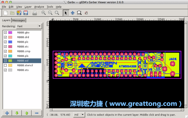 將圖層匯入你的Gerber預(yù)覽工具內(nèi)（下圖為Gerbv），我通常會(huì)從上到下重新排列它們的順序，好讓我比較好校對(duì)：