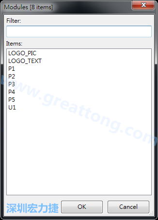 從目前正在編輯的PCB載入Module， 會(huì)顯示有那些項(xiàng)目可載入。點(diǎn)選一個(gè)， OK后即完成載入
