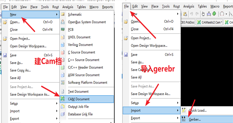 在File下新建 Cam檔，建后再File下導(dǎo)入Gerber文件，選擇所有文件導(dǎo)入gerber。