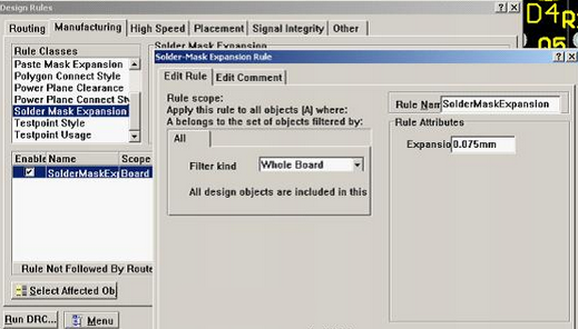 5. 而對于阻焊的調(diào)整則可以通過按D、R調(diào)出[Manufacturing]制作設(shè)計規(guī)則的[Solder-Mask Expansion Rule]設(shè)置項直接設(shè)定單邊放大值